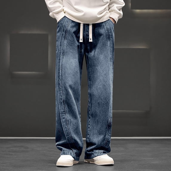 LIBRCLO Mens Jeans Elastic Waist Straight Leg Drawstring Jeans Fashion Casual Denim Pants with Pockets