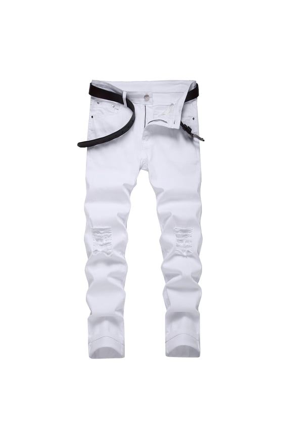 Mens Jeans Slim Fit Straight Leg Ripped Jeans Fashion Personalized Solid Color Denim Pants with Pockets