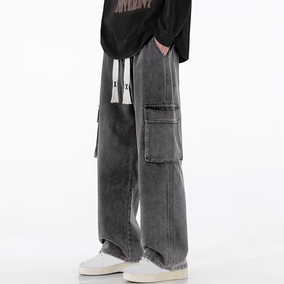 LIBRCLO Mens Jeans Straigh Leg, Casual Outdoor Cargo Denim Pants with Pockets Drawstring Slim Fit Jeans Size M