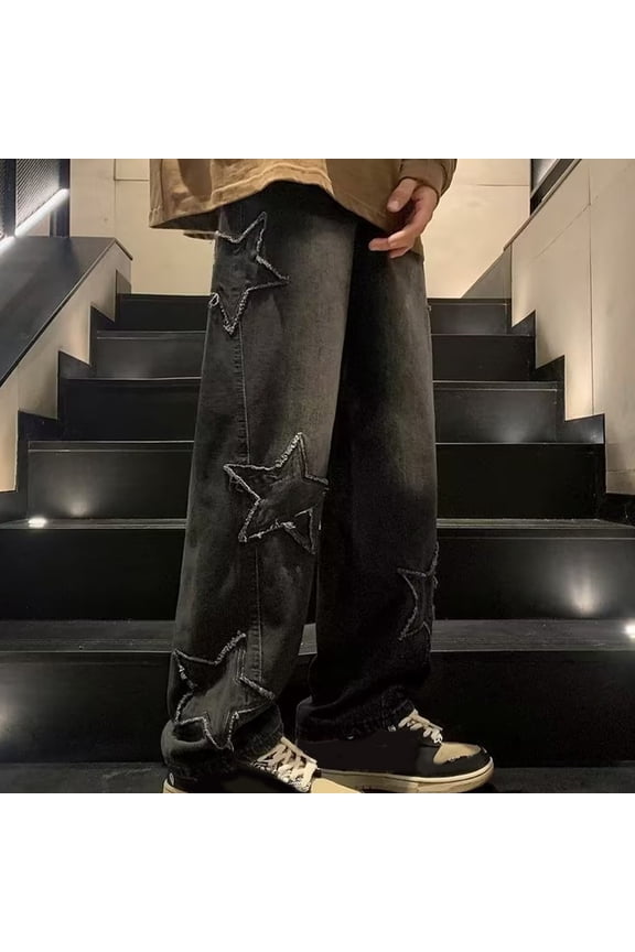 Mens Jeans Straigh Leg Fashion Star Graphic Denim Pants with Pockets Slim Fit Jeans Size XXS