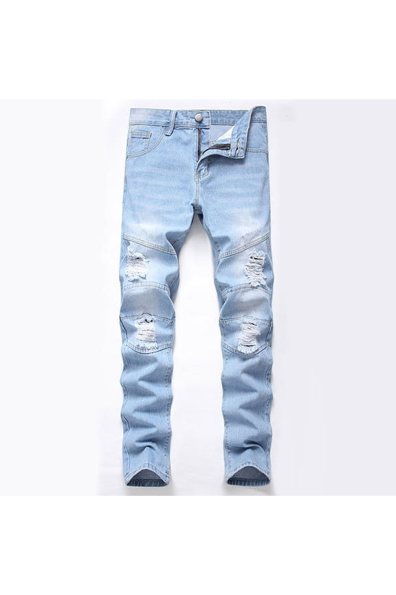 Mens Jeans Straight Leg Slim Fit Ripped Jeans Personalized Fashion Casual Denim Pants with Pockets