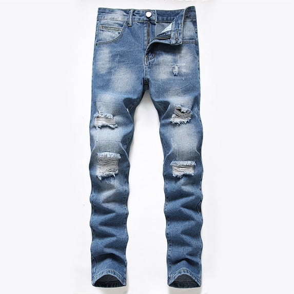 LIBRCLO Mens Jeans Straight Leg Slim Fit Ripped Jeans Personalized Fashion Casual Denim Pants with Pockets