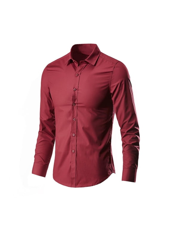Mens Shirts Long Sleeve Business Work Dress Shirts Solid Color Casual Button Down Shirts, Red L