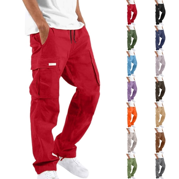 LIBRCLO Cargo Pants for Men Elastic Waist Drawstring Straight Leg Trousers Casual Utility Outdoor Hiking Work Pants with Multiple Pockets Red M
