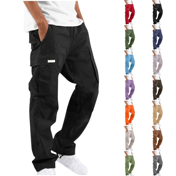 LIBRCLO Cargo Pants for Men Elastic Waist Drawstring Straight Leg Trousers Casual Utility Outdoor Hiking Work Pants with Multiple Pockets Black XL