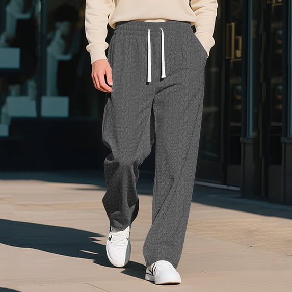 LIBRCLO Mens Pants Elastic Waist Jacquard Knit Pants Casual Straight Leg Trousers with Pockets and Drawstring