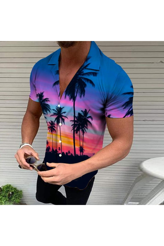 Mens Shirts Short Sleeve Button Down Wrinkle Free Shirts with Pattern Printing for Holiday