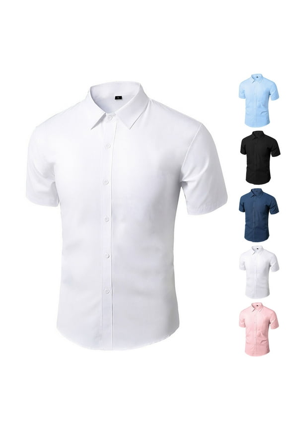Mens Short Sleeve Shirts Solid Color Casual Button Down Shirts Business Work Dress Shirts, White S