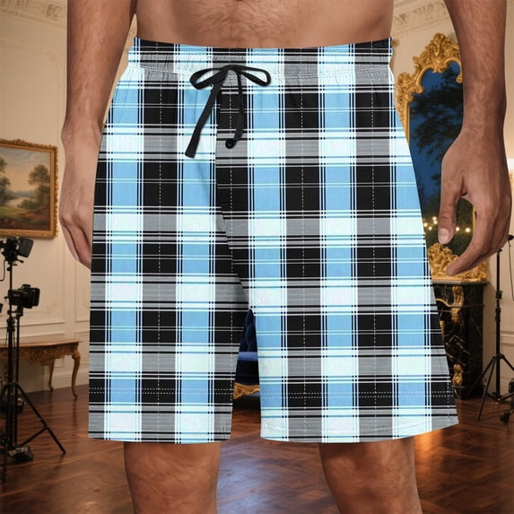 LIBRCLO Mens Shorts Elastic Waist Drawstring Plaid Printing Shorts Fashion Casual Breathable Beach Pants with Pockets