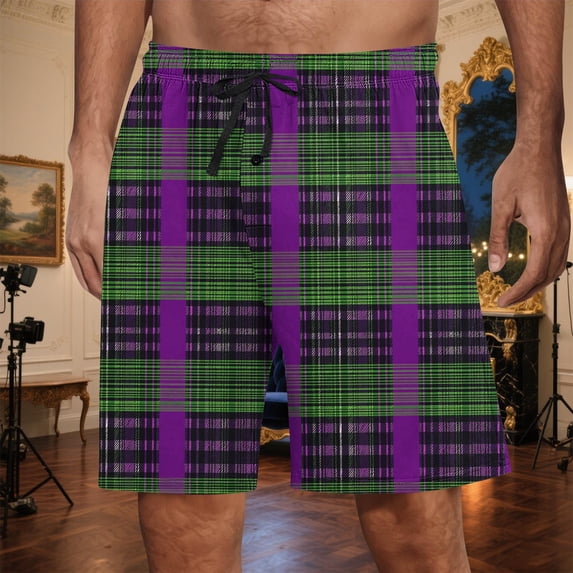 LIBRCLO Mens Shorts Elastic Waist Drawstring Plaid Printing Shorts Fashion Casual Breathable Beach Pants with Pockets