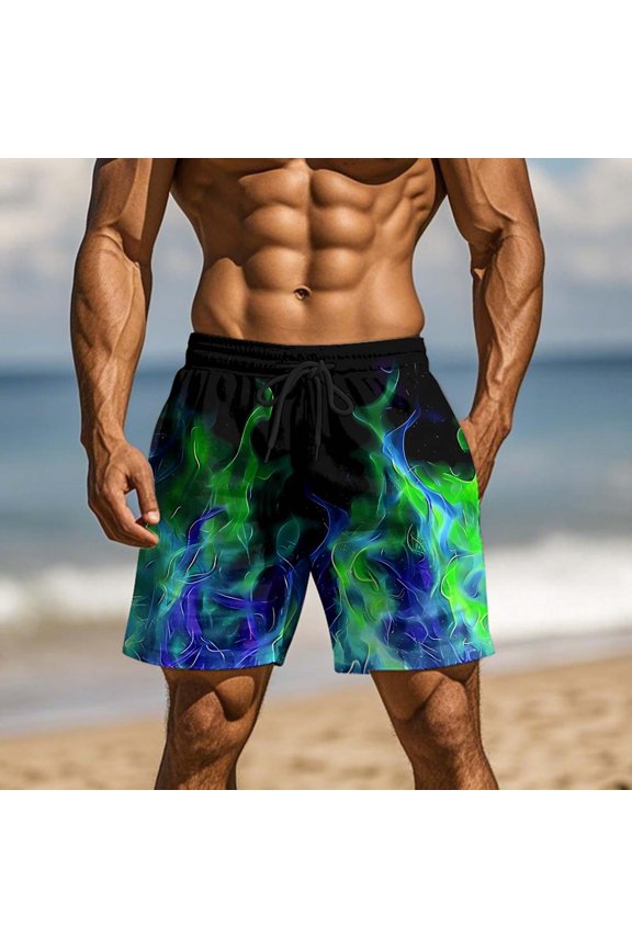 Mens Shorts Elastic Waist Flame Printing Beach Shorts Casual Fashion Quick Dry Workout Pants with Pockets and Drawstring