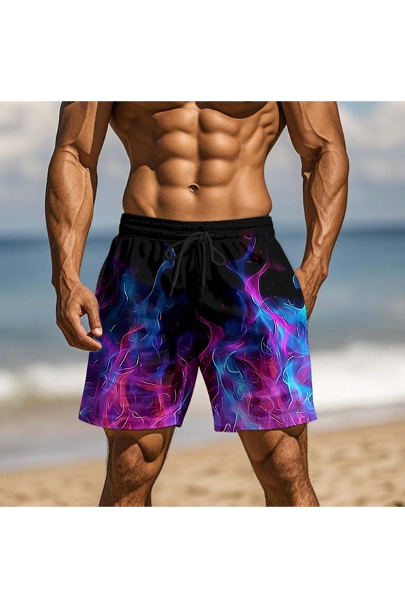 Mens Shorts Elastic Waist Flame Printing Beach Shorts Casual Fashion Quick Dry Workout Pants with Pockets and Drawstring