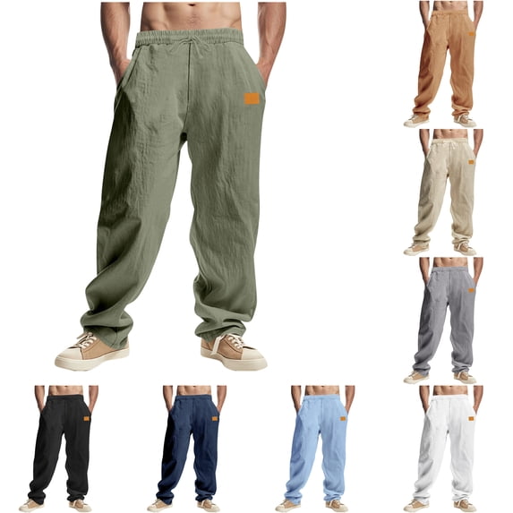LIBRCLO Mens Linen Pants Open Bottom Elastic Waist Pants with Pockets and Drawstring Quick Dry Lightweight Breathable summer beach Trousers Army Green XL