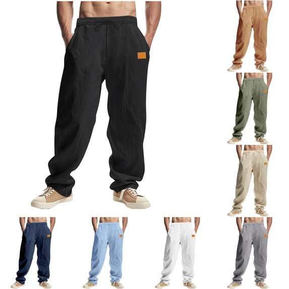 LIBRCLO Mens Linen Pants Open Bottom Elastic Waist Pants with Pockets and Drawstring Quick Dry Lightweight Breathable summer beach Trousers Black XXL