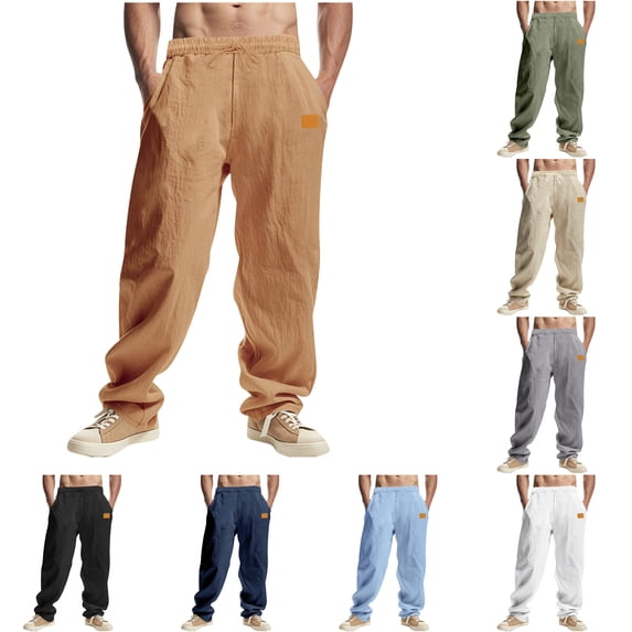 LIBRCLO Mens Linen Pants Open Bottom Elastic Waist Pants with Pockets and Drawstring Quick Dry Lightweight Breathable summer beach Trousers Yellow M