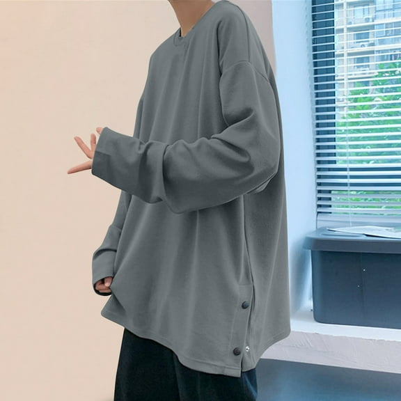 LIBRCLO Mens Sweatshirts Casual Long Sleeve Pullover Crew Neck Solid Color Bottom Slit Sweatshirts Fall