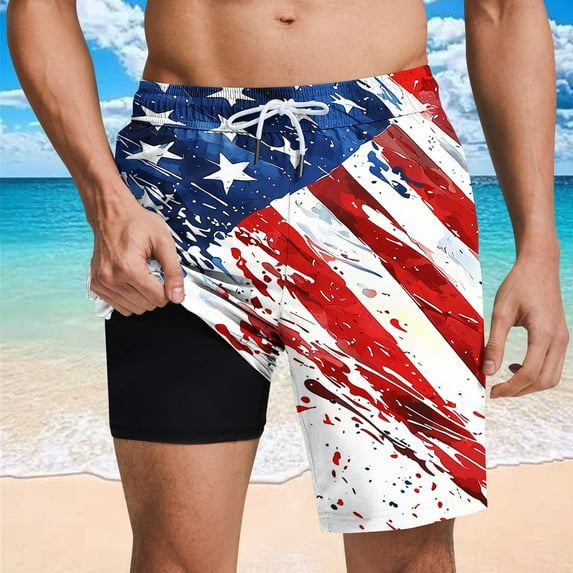 LIBRCLO Mens Swim Trunks with Liner 2 in 1 Bathing Suits Quick Dry Lightweight Board Shorts Breathable Independence Day Print Summer Beach Shorts White M