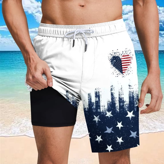 LIBRCLO Mens Swim Trunks with Liner 2 in 1 Bathing Suits Quick Dry Lightweight Board Shorts Breathable Independence Day Print Summer Beach Shorts White M