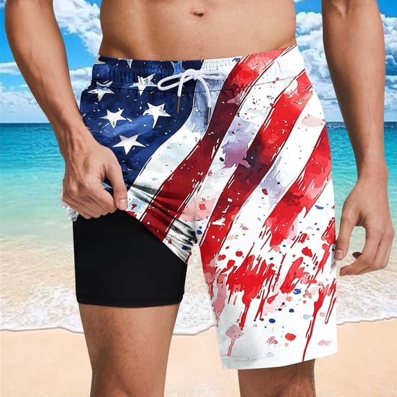 LIBRCLO Mens Swim Trunks with Liner 2 in 1 Bathing Suits Quick Dry Lightweight Board Shorts Breathable Independence Day Print Summer Beach Shorts White S