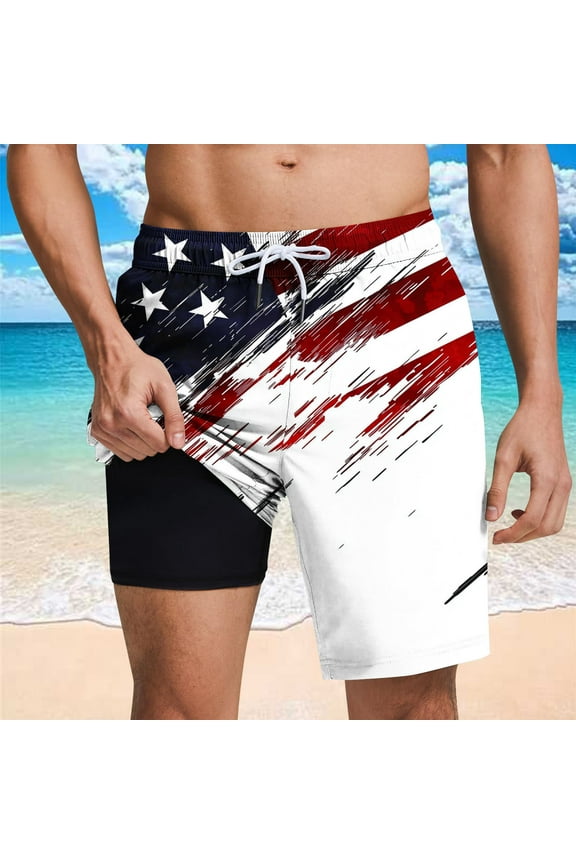 Mens Swim Trunks with Liner 2 in 1 Bathing Suits Quick Dry Lightweight Board Shorts Breathable Independence Day Print Summer Beach Shorts White XL