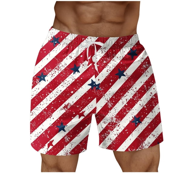 LIBRCLO Mens Swim Trunks with Liner 2 in 1 Board Shorts Quick Dry Independence Day Print Bathing Suits Lightweight Breathable Summer Beach Shorts Red M