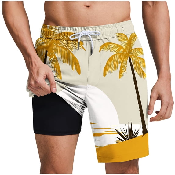 LIBRCLO Mens Swim Trunks with Liner 2 in 1 Quick Dry Bathing Suits Hawaiian Coconut Tree Print Lightweight Breathable Board Shorts Summer Beach Shorts Beige M