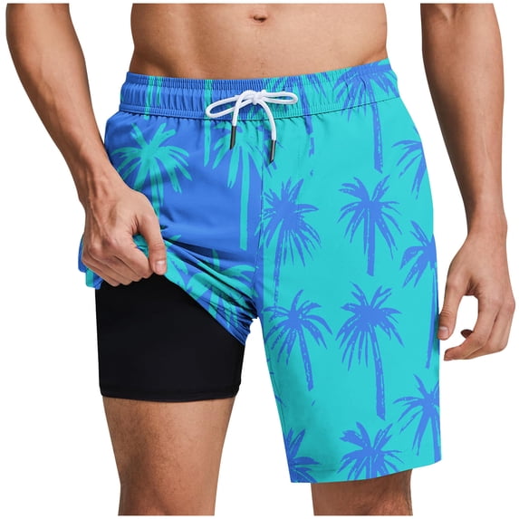LIBRCLO Mens Swim Trunks with Liner 2 in 1 Quick Dry Bathing Suits Hawaiian Coconut Tree Print Lightweight Breathable Board Shorts Summer Beach Shorts Sky Blue L
