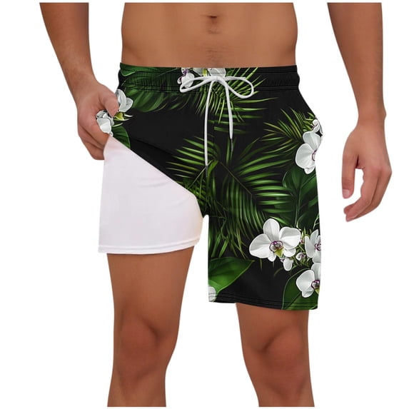 LIBRCLO Mens Swim Trunks with Liner 2 in 1 Quick Dry Bathing Suits Hawaiian Print Board Shorts Lightweight Breathable Summer Beach Shorts Army Green M