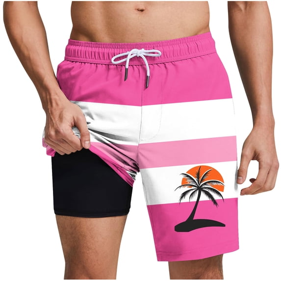 LIBRCLO Mens Swim Trunks with Liner 2 in 1 Quick Dry Bathing Suits Striped Coconut Tree Print Lightweight Breathable Board Shorts Summer Beach Shorts Hot Pink S