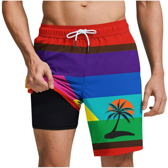 LIBRCLO Mens Swim Trunks with Liner 2 in 1 Quick Dry Bathing Suits Striped Coconut Tree Print Lightweight Breathable Board Shorts Summer Beach Shorts Multicolor L
