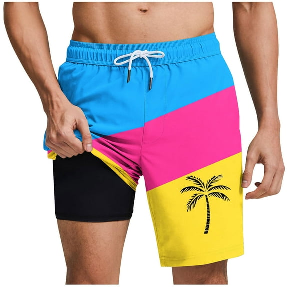 LIBRCLO Mens Swim Trunks with Liner 2 in 1 Quick Dry Bathing Suits Striped Coconut Tree Print Lightweight Breathable Board Shorts Summer Beach Shorts Multicolor XXL