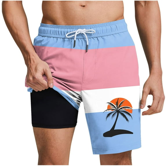 LIBRCLO Mens Swim Trunks with Liner 2 in 1 Quick Dry Bathing Suits Striped Coconut Tree Print Lightweight Breathable Board Shorts Summer Beach Shorts Sky Blue L