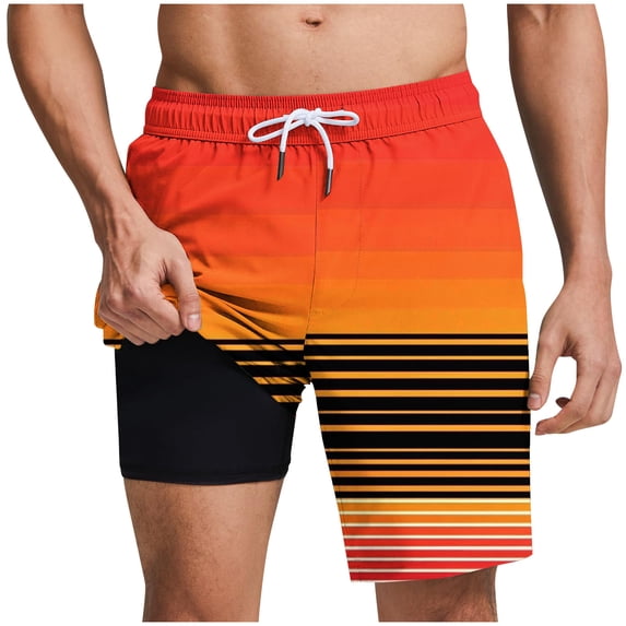 LIBRCLO Mens Swim Trunks with Liner 2 in 1 Quick Dry Bathing Suits Striped Tree Print Lightweight Breathable Board Shorts Summer Beach Shorts Orange M