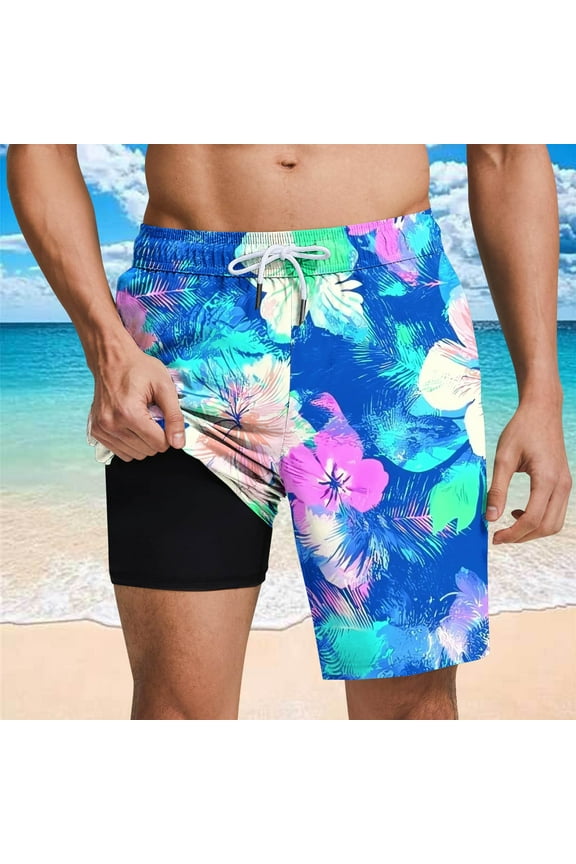 Mens Swim Trunks with Liner 2 in 1 Quick Dry Beach Print Board Shorts Elastic Waist Drawstring Lightweight Breathable Summer Hawaii Bathing Suit Blue XL