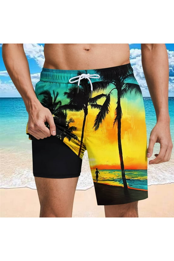 Mens Swim Trunks with Liner 2 in 1 Quick Dry Beach Print Board Shorts Elastic Waist Drawstring Lightweight Breathable Summer Hawaii Bathing Suit Orange S