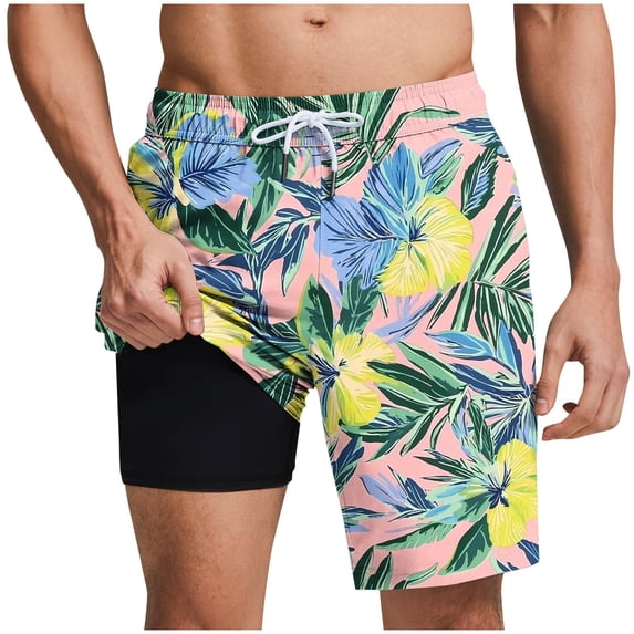 LIBRCLO Mens Swim Trunks with Liner 2 in 1 Quick Dry Beach Print Board Shorts Elastic Waist Drawstring Lightweight Breathable Summer Hawaii Bathing Suit Pink L