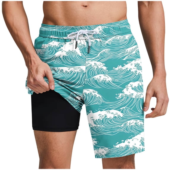 LIBRCLO Mens Swim Trunks with Liner 2 in 1 Quick Dry Beach Print Board Shorts Elastic Waist Drawstring Lightweight Breathable Summer Hawaii Bathing Suit Sky Blue XL