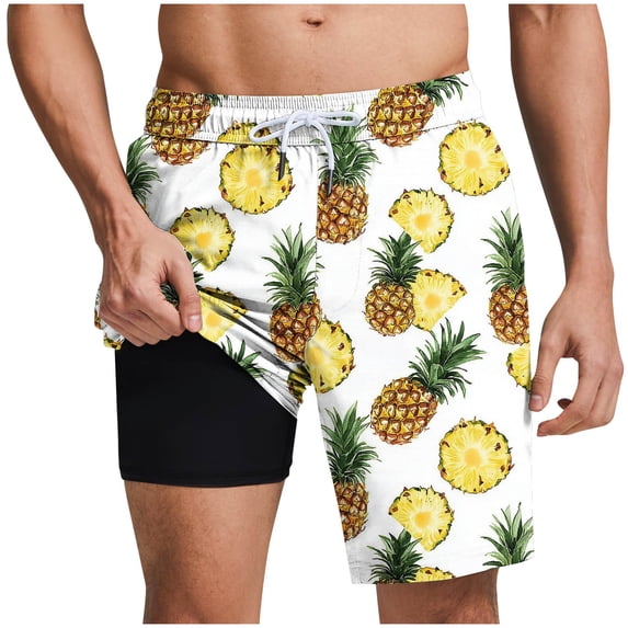 LIBRCLO Mens Swim Trunks with Liner 2 in 1 Quick Dry Beach Print Board Shorts Elastic Waist Drawstring Lightweight Breathable Summer Hawaii Bathing Suit Yellow XXXL
