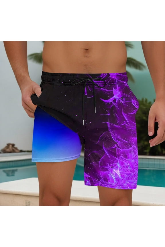 Mens Swim Trunks with Liner 2 in 1 Quick Dry Flame Printing Board Shorts Elastic Waist Drawstring Lightweight Breathable Summer Hawaii Beach Shorts Purple M