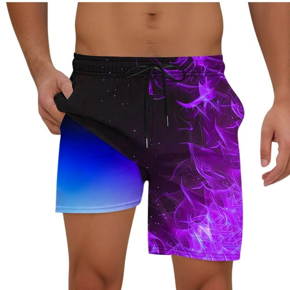 LIBRCLO Mens Swim Trunks with Liner 2 in 1 Quick Dry Flame Printing Board Shorts Elastic Waist Drawstring Lightweight Breathable Summer Hawaii Beach Shorts Purple XL