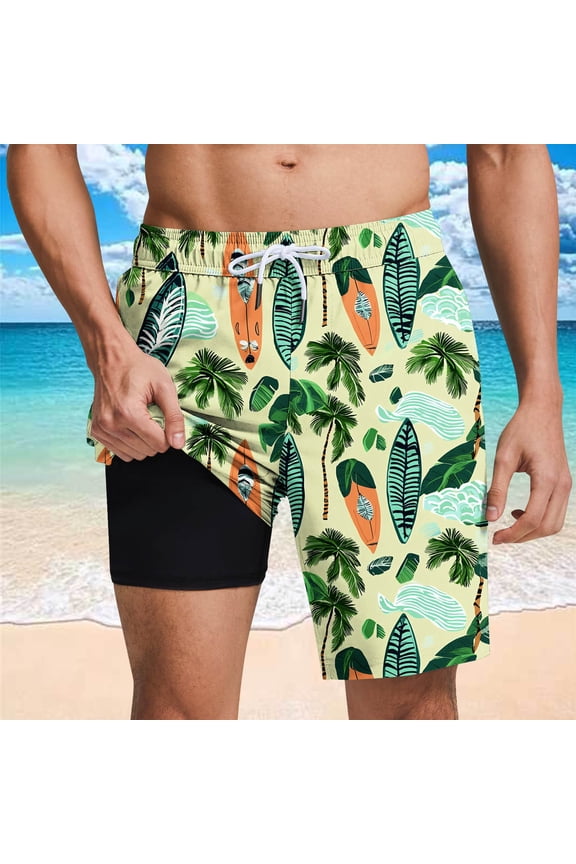 Mens Swim Trunks with Liner 2 in 1 Thin Quick Dry Bathing Suits Hawaiian Swimsuits Swimwear Summer board Beach Shorts Green XL