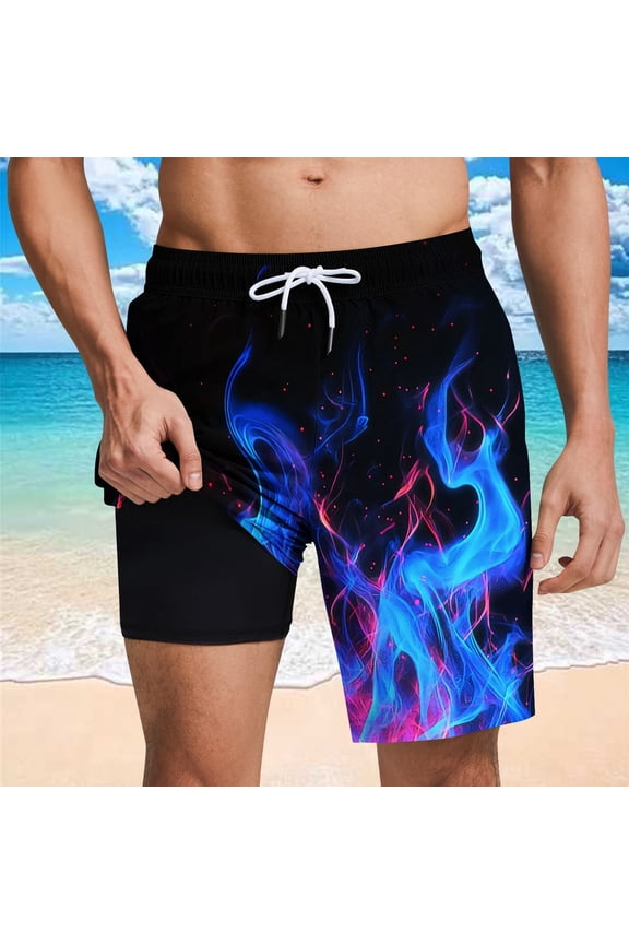 Mens Swim Trunks with Liner 2 in 1 Quick Dry Bathing Suits Flame Tree Print Lightweight Breathable Board Shorts Summer Beach Shorts Blue S