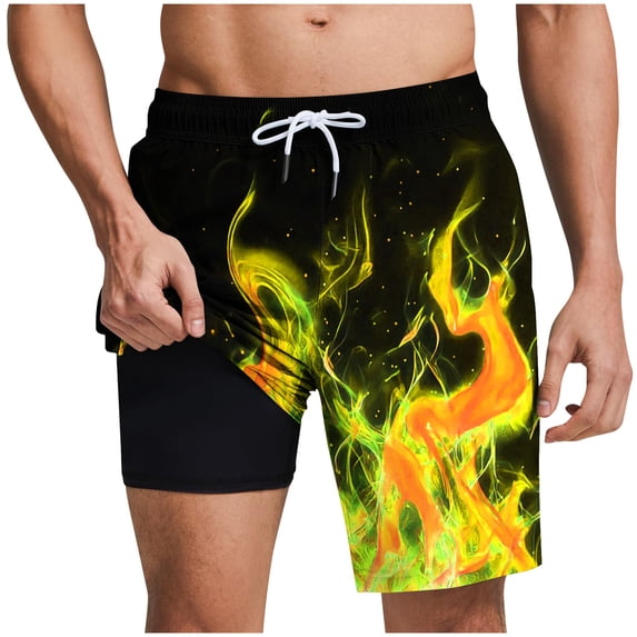 LIBRCLO Mens Swim Trunks with Liner 2 in 1 Quick Dry Bathing Suits Flame Tree Print Lightweight Breathable Board Shorts Summer Beach Shorts Yellow M