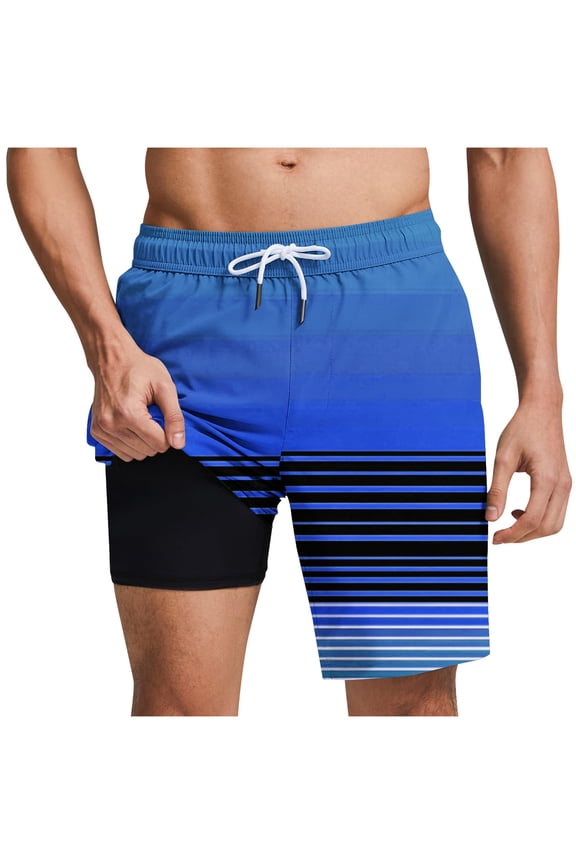 Mens Swim Trunks with Liner 2 in 1 Quick Dry Bathing Suits Striped Tree Print Lightweight Breathable Board Shorts Summer Beach Shorts Blue M