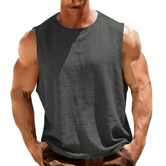 LIBRCLO Mens Tank Tops Crew Neck Solid Color And Linen Shirts Sleeveless Muscle Shirts for Active Men