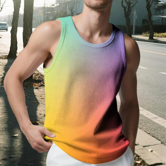 LIBRCLO Mens Tank Tops Gradient Crew Neck Sleeveless Sports Shirts Knitted Vertical Stripe Fitness Leisure Slim Wide Shoulder Tank