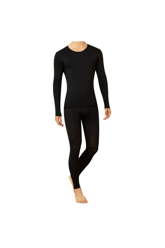 Mens Thermal Underwear Sets Fitness Long Sleeve Solid Color Round-Neck Stretchy Base Layer Long Johns Underwear Fleece Cold Weather Top and Bottom for Winter
