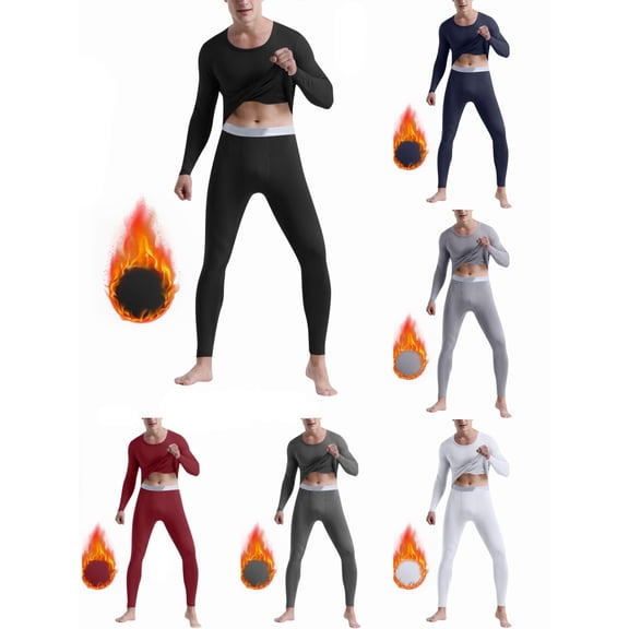 LIBRCLO Mens Thermal Underwear Sets Fleece Cold Weather Stretchy Lightweight Base Layer Long Johns Underwear Solid Color Round Neck Long Sleeve Top and Bottom for Winter