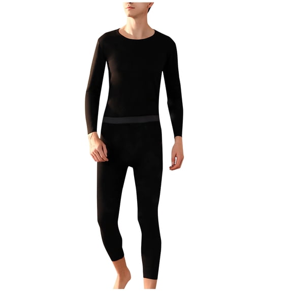 LIBRCLO Mens Thermal Underwear Sets Round Neck Fleece Long Sleeve Stretchy Base Layer Long Johns Underwear Solid Color Cold Weather Lightweight Top and Bottom for Winter