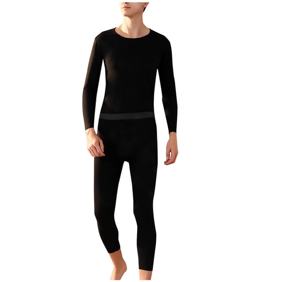 LIBRCLO Mens Thermal Underwear Sets Round Neck Fleece Long Sleeve Stretchy Base Layer Long Johns Underwear Solid Color Cold Weather Lightweight Top and Bottom for Winter